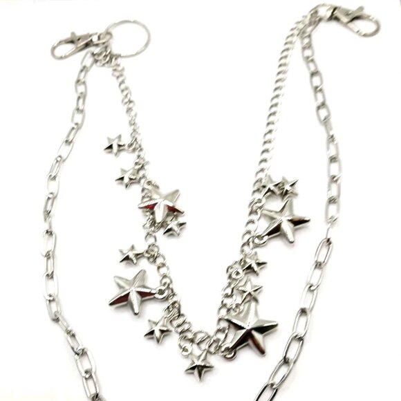 Multi Metal Star Double Layered Pants Or Wallet Chain 18" Silver Tone - Picture 2 of 8